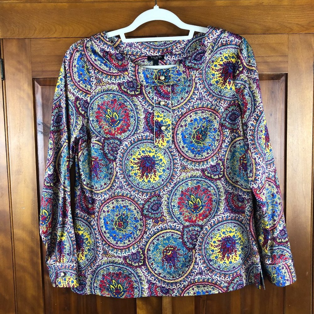 Talbots Petites Floral Cotton Long Sleeve Blouse with Gold Accents Whimsical